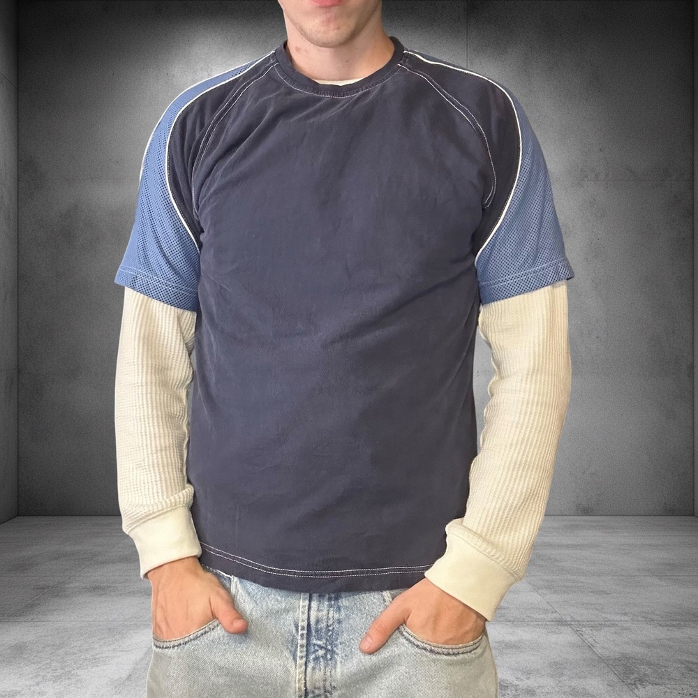 Vintage Y2K Navy Blue Mesh Panel Contrast Stitch Boxy Skater T-Shirt